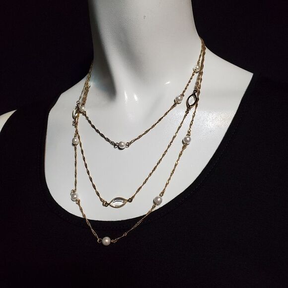 Avon Gold Tone & Faux Pearl Multilayer Necklace - Picture 1 of 5